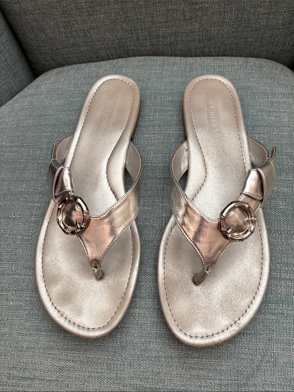 Talbots Metallic Silver Thong Sandals with Ring Accent